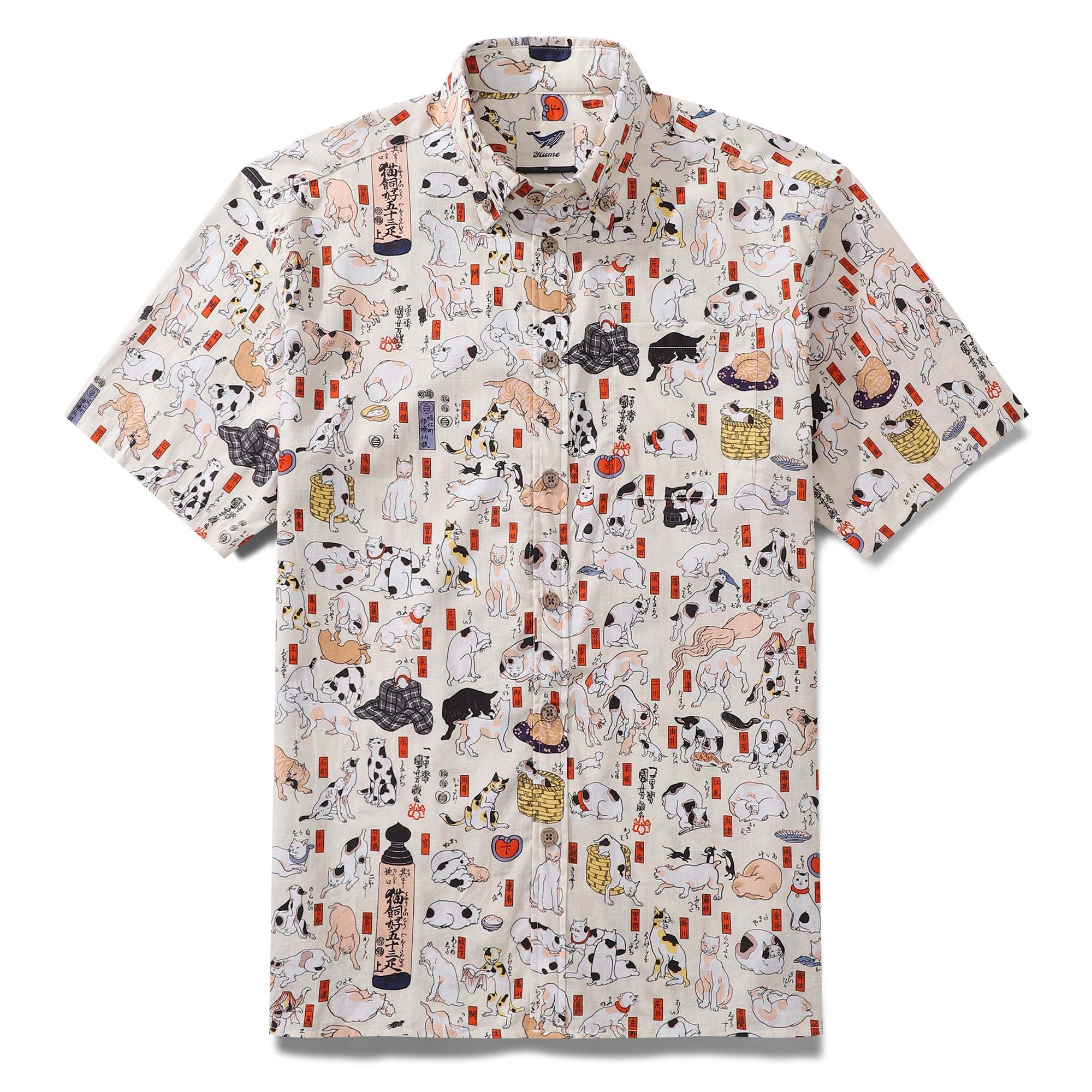 Cotton Hawaiian Shirt For Men Cat Button-down Shirt Short Sleeve Aloha Shirt Tokaido 53 Station Cats