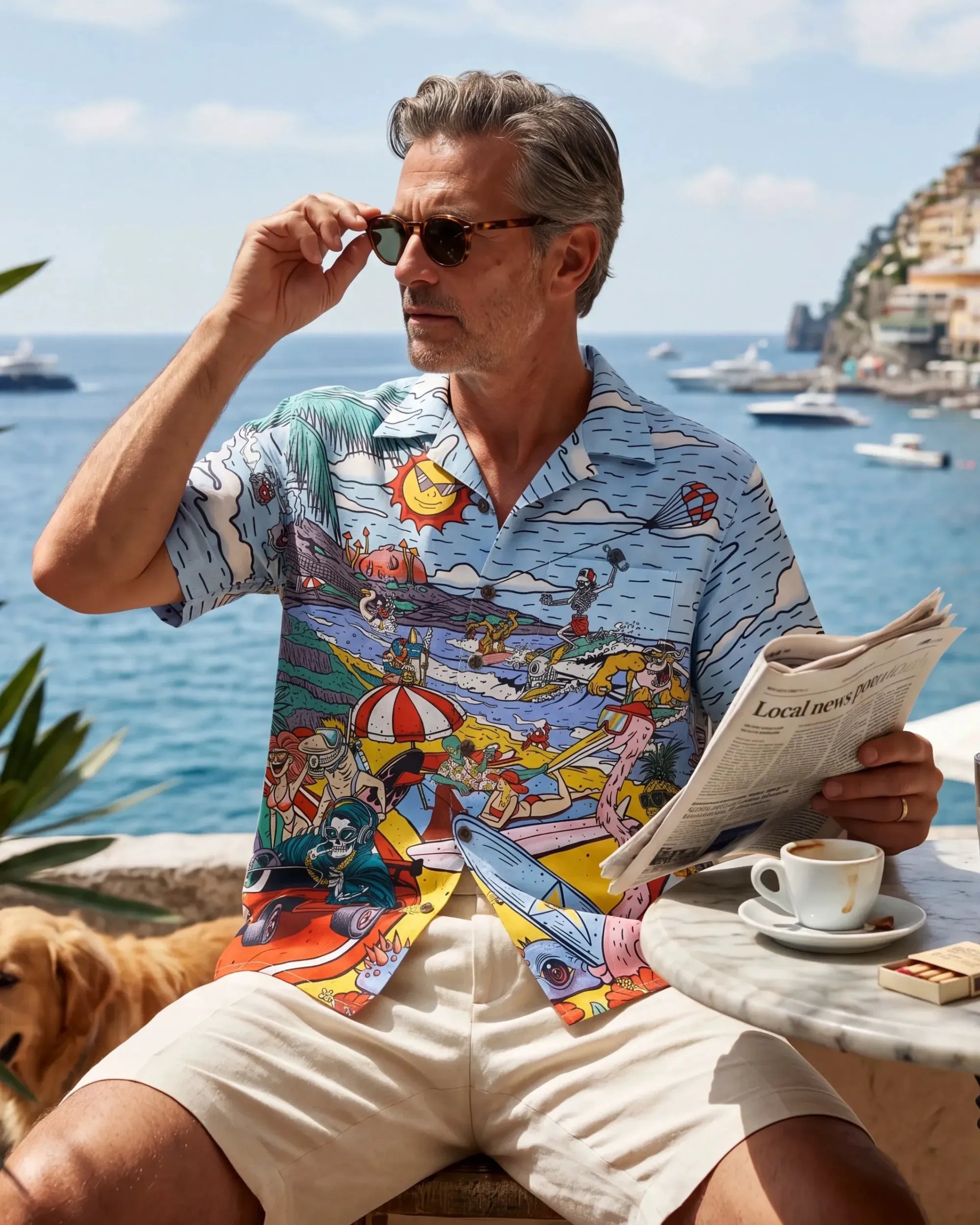 Alien Flamingo Men's Hawaiian Shirt Short Sleeve Camp Collar 100% Cotton Blue Beach Surfing Party Aloha Cosmic Coast Chaos