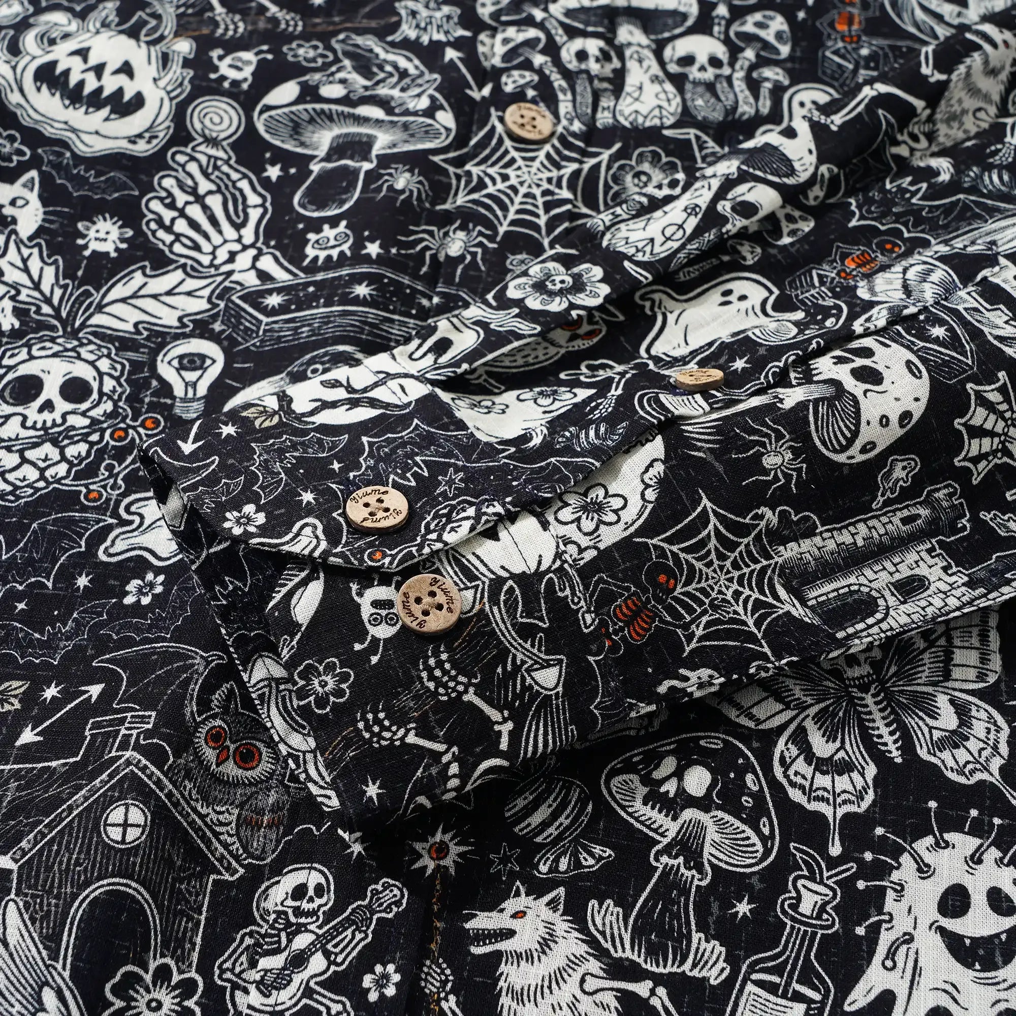 Halloween Gift Men's Hawaiian Shirt Long Sleeve Button-down 100% Cotton Black Aloha Halloween Bash