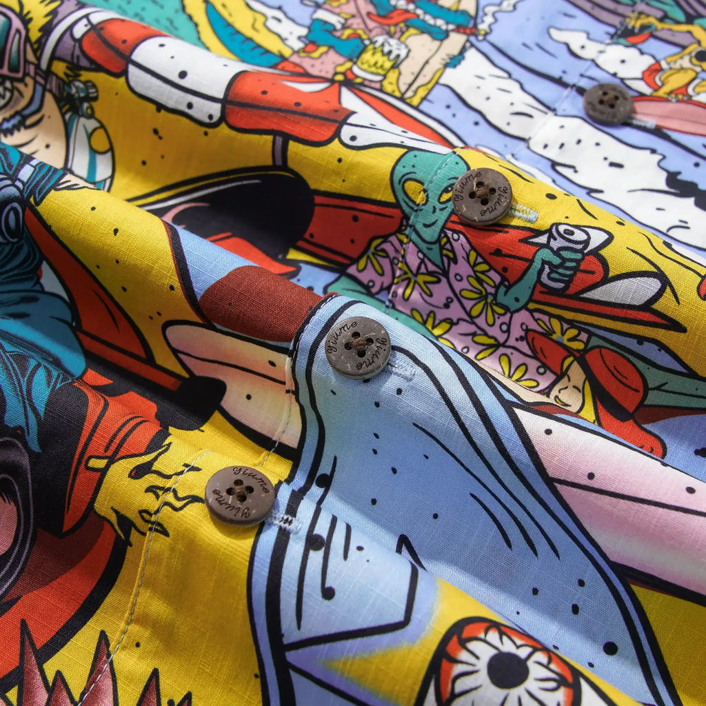 Alien Flamingo Men's Hawaiian Shirt Short Sleeve Camp Collar 100% Cotton Blue Beach Surfing Party Aloha Cosmic Coast Chaos