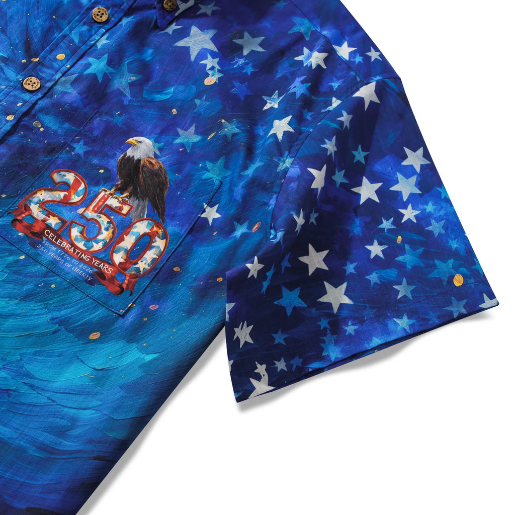 America 250 Men's Hawaiian Shirt Short Sleeve Button-down 100% Cotton Blue Aloha Starry Night Fireworks 250 Celebration