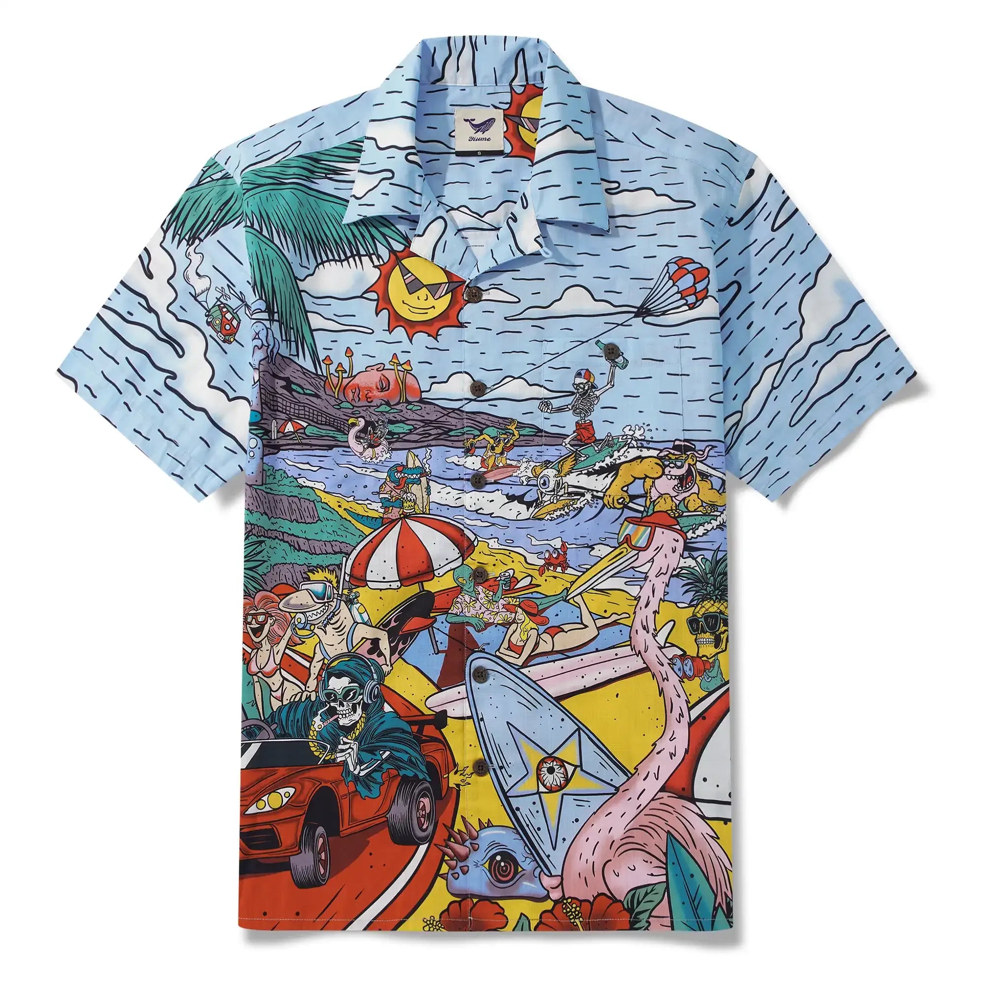 Alien Flamingo Men's Hawaiian Shirt Short Sleeve Camp Collar 100% Cotton Blue Beach Surfing Party Aloha Cosmic Coast Chaos