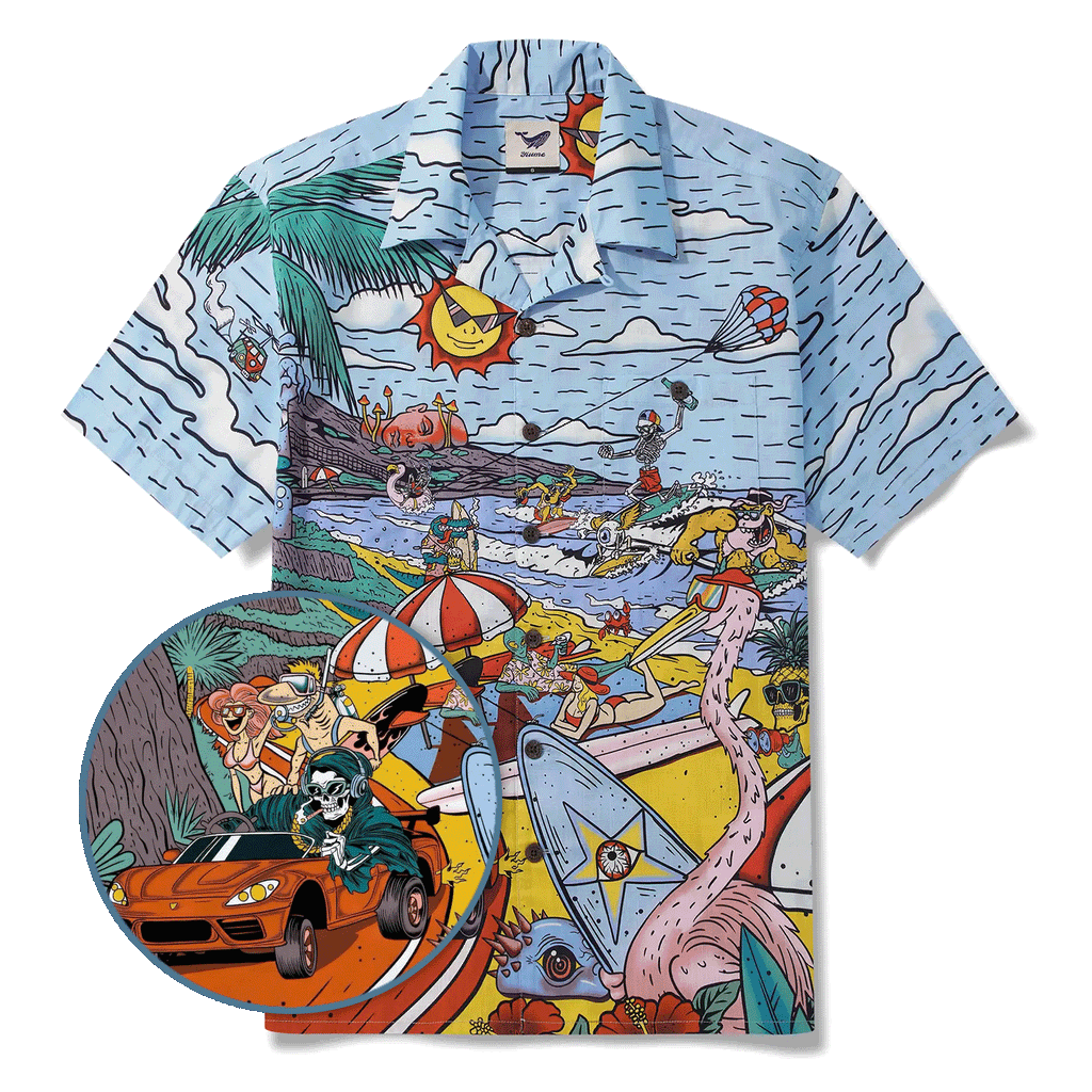 Alien Flamingo Men's Hawaiian Shirt Short Sleeve Camp Collar 100% Cotton Blue Beach Surfing Party Aloha Cosmic Coast Chaos