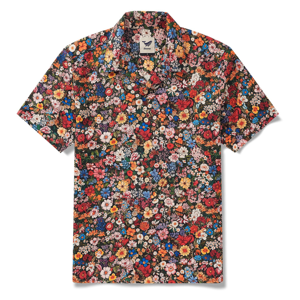 100% Silk Men's Hawaiian Shirt Short Sleeve Camp Collar 100% Silk Blue Aloha Among The Flowers