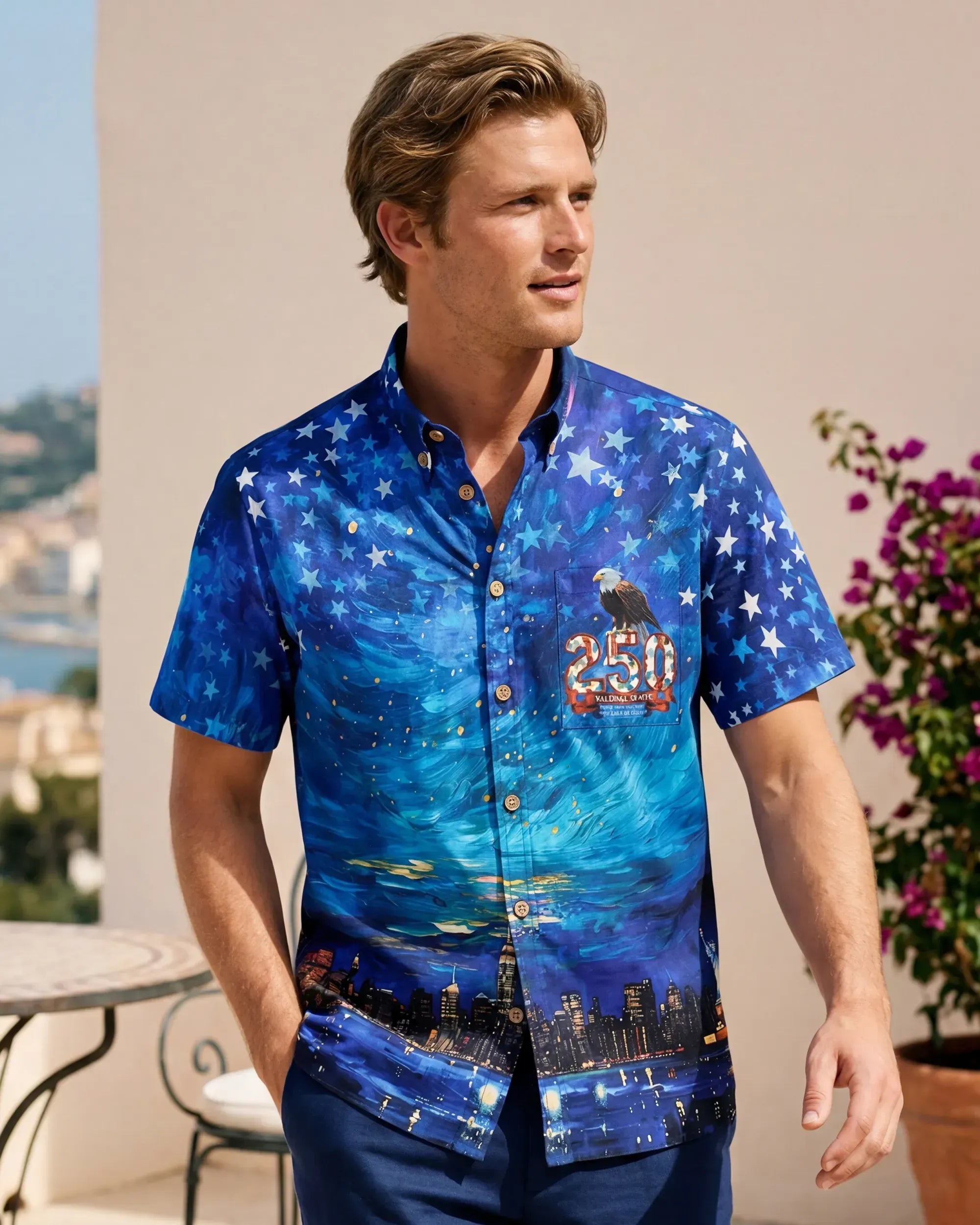 America 250 Men's Hawaiian Shirt Short Sleeve Button-down 100% Cotton Blue Aloha Starry Night Fireworks 250 Celebration